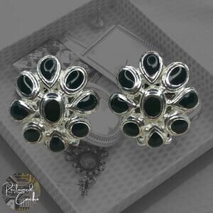 Vintage Silver and Black Flower Clip-On Earrings